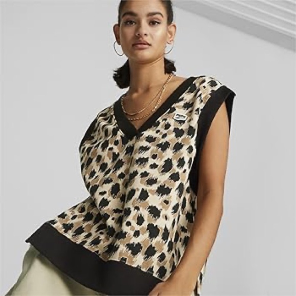 Puma Black and Tan Animal Print V-Neck Blouse